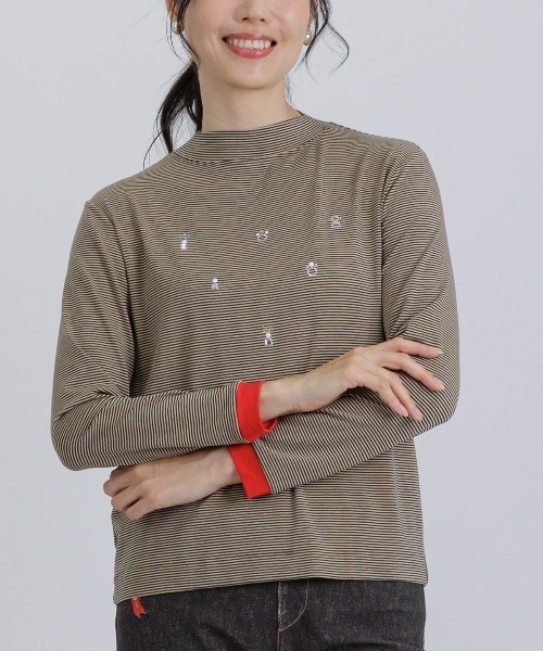 セール】ビジュー付ボーダー発熱プルオーバー（Tシャツ/カットソー