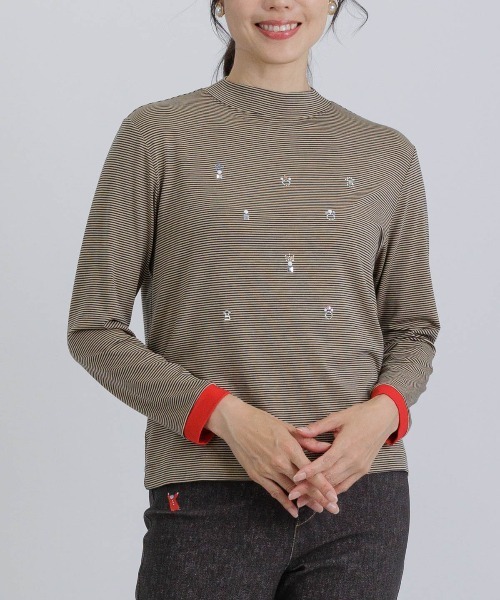 STUDIO PICONE（スタジオピッコーネ）の「ビジュー付ボーダー発熱プルオーバー（Tシャツ/カットソー・レディース・ブラック/ホワイト/ライトグレー/ベージュ・LL/L/M）」の7枚目の写真