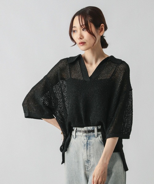 GLOBAL WORK（グローバルワーク）の「メッシュラメポロニット半袖/587686（ニット/セーター・レディース・グレー系その他/ブラック・LARGE/MEDIUM）」の6枚目の写真