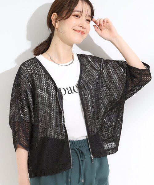 SHOO・LA・RUE(シューラルー)の「【洗える/S-LL】季節の変わり目に 透かし柄が涼やか ジップブルゾン(ブルゾン・レディース・ブラック/アイボリー/ダークブラウン・04/03/02/01)」の1枚目の写真