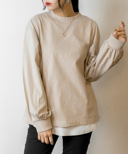 RCD(アールシーディー)の「モックネックボリューム袖ロンT(Tシャツ/カットソー・レディース・ライトベージュ/ブラック/オフホワイト・LL~3L/4L~5L/M-L)」の3枚目の写真