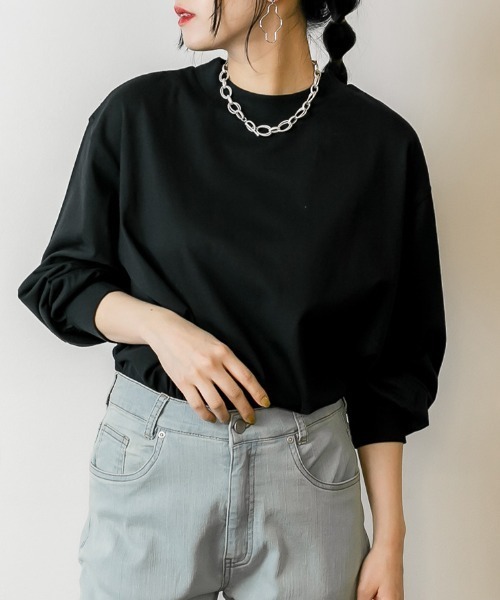RCD(アールシーディー)の「モックネックボリューム袖ロンT(Tシャツ/カットソー・レディース・ライトベージュ/ブラック/オフホワイト・LL~3L/4L~5L/M-L)」の2枚目の写真