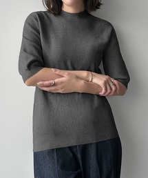 【縫い目のないシームレス】プチハイネック 五分袖 ニット プルオーバー
