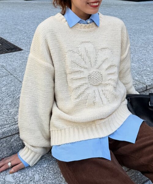 CPCM（シーピーシーエム）の「同色花柄ジャガードニット（ニット/セーター・レディース・ブルー/アイボリー/グリーン/マスタード/ネイビー・SMALL/MEDIUM）」の2枚目の写真