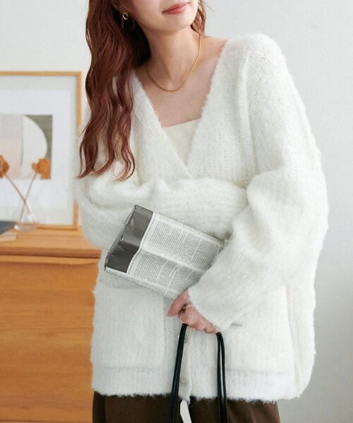 美品 Manna マンナ ウール ループヤーンポケット ロングカーディガン M/オフホワイト【2400012936164】 セール】【WEB限定】ウール混ループヤーンニットカーディガン
