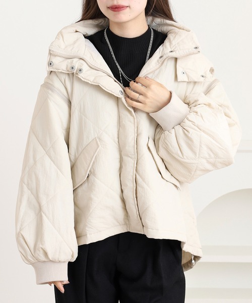 FUNALIVE(ファンアライブ)の「マルチWAYダイヤキルト中綿ブルゾン(ブルゾン・レディース・アイボリー/ピンクベージュ/ブラック・M)」の2枚目の写真