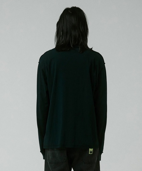 ready made 長袖カットソー ブラック タテ畝ストレッチポンチ フェイクレイヤード キーネックTシャツ（長袖