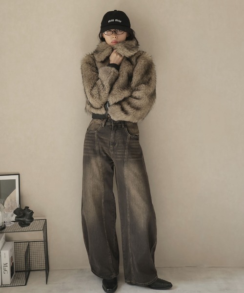 Ulysses（ユリシス）の「レザーパイピングショート丈ファーブルゾン（その他アウター・レディース・モカ・S/M）」の2枚目の写真