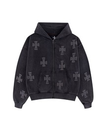 フーディー｜BLACKxPURPLE RHINESTONE CROSS ZIP HOODIE