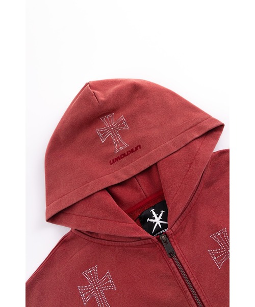 ジップフーディ｜Outline Cross Rhinestone Zip Hoodie｜Unknown