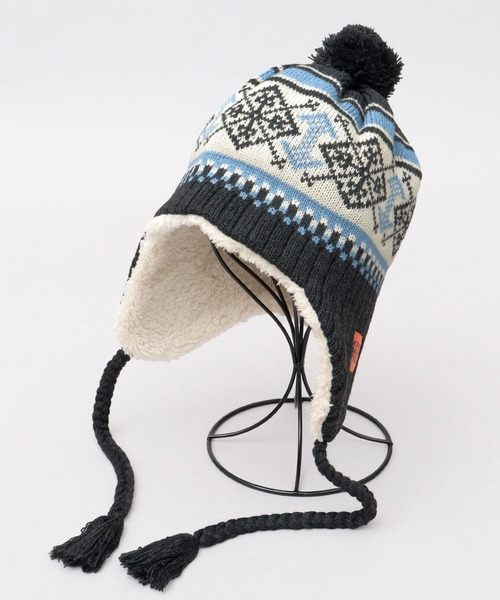 KRIFF MAYER(クリフメイヤー)の「裏ボア ジャガードニットワッチ 耳当て付き ポンポン ニット帽(ニットキャップ/ビーニー・メンズ・ブラック/ベージュ・FREE)」の3枚目の写真