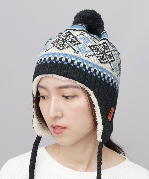 KRIFF MAYER(クリフメイヤー)の「裏ボア ジャガードニットワッチ 耳当て付き ポンポン ニット帽(ニットキャップ/ビーニー・メンズ・ブラック/ベージュ・FREE)」の6枚目の写真