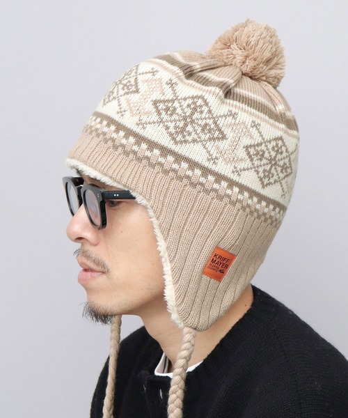 KRIFF MAYER(クリフメイヤー)の「裏ボア ジャガードニットワッチ 耳当て付き ポンポン ニット帽(ニットキャップ/ビーニー・メンズ・ブラック/ベージュ・FREE)」の7枚目の写真