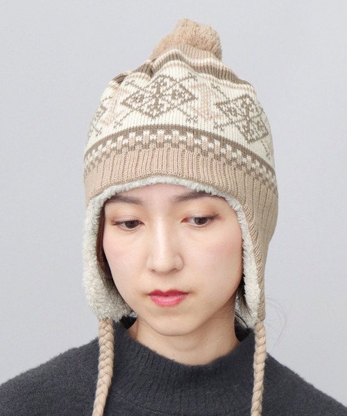 KRIFF MAYER(クリフメイヤー)の「裏ボア ジャガードニットワッチ 耳当て付き ポンポン ニット帽(ニットキャップ/ビーニー・メンズ・ブラック/ベージュ・FREE)」の8枚目の写真