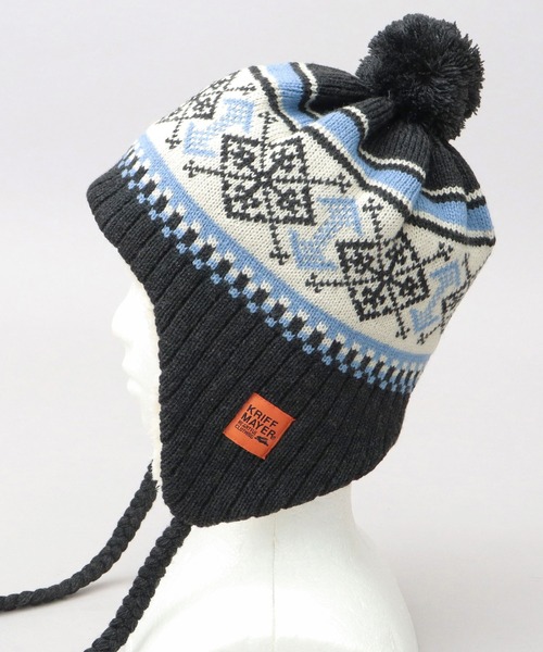 KRIFF MAYER(クリフメイヤー)の「裏ボア ジャガードニットワッチ 耳当て付き ポンポン ニット帽(ニットキャップ/ビーニー・メンズ・ブラック/ベージュ・FREE)」の12枚目の写真