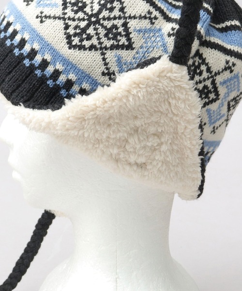 KRIFF MAYER(クリフメイヤー)の「裏ボア ジャガードニットワッチ 耳当て付き ポンポン ニット帽(ニットキャップ/ビーニー・メンズ・ブラック/ベージュ・FREE)」の13枚目の写真