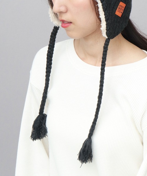 KRIFF MAYER(クリフメイヤー)の「裏ボア ジャガードニットワッチ 耳当て付き ポンポン ニット帽(ニットキャップ/ビーニー・メンズ・ブラック/ベージュ・FREE)」の15枚目の写真