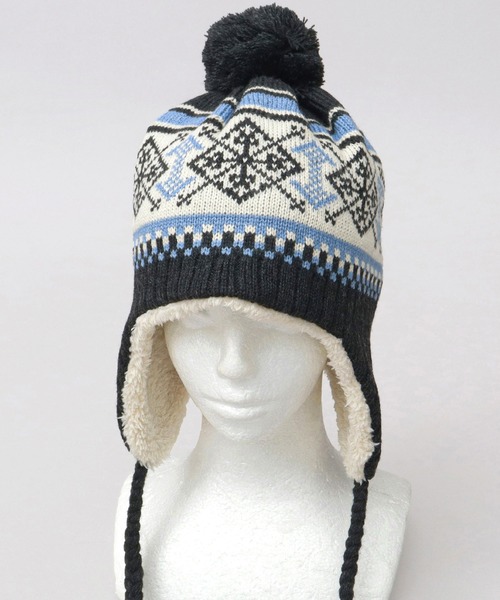 KRIFF MAYER(クリフメイヤー)の「裏ボア ジャガードニットワッチ 耳当て付き ポンポン ニット帽(ニットキャップ/ビーニー・メンズ・ブラック/ベージュ・FREE)」の18枚目の写真