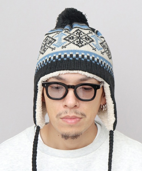 KRIFF MAYER(クリフメイヤー)の「裏ボア ジャガードニットワッチ 耳当て付き ポンポン ニット帽(ニットキャップ/ビーニー・メンズ・ブラック/ベージュ・FREE)」の21枚目の写真