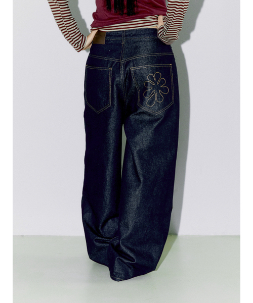 ‼️完売商品‼️OAF FOLD WAIST DENIM デザインデニム セール】OAF LOGO STITCH RAW DENIM PANTS, DARK BLUE（デニムパンツ