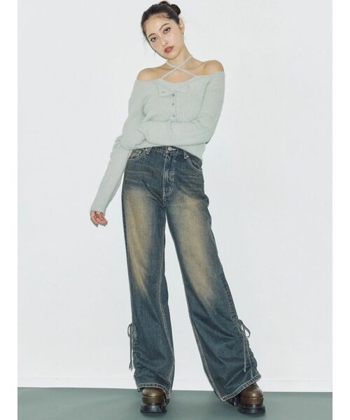 EVRIS（エヴリス）の「サイドギャザーリボンセミワイドデニムパンツ（デニムパンツ・レディース・ブラウン/インディゴブルー・MEDIUM/SMALL）」の22枚目の写真