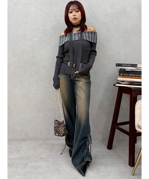 EVRIS（エヴリス）の「サイドギャザーリボンセミワイドデニムパンツ（デニムパンツ・レディース・ブラウン/インディゴブルー・MEDIUM/SMALL）」の13枚目の写真