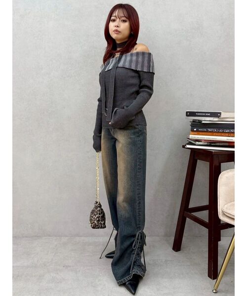 EVRIS（エヴリス）の「サイドギャザーリボンセミワイドデニムパンツ（デニムパンツ・レディース・ブラウン/インディゴブルー・MEDIUM/SMALL）」の14枚目の写真