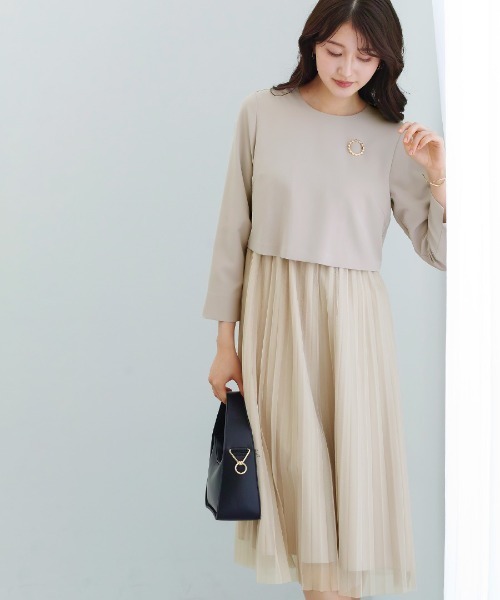 White Collection（ホワイトコレクション）の「多機能すぎるワンピース【UVカット･速乾・接触冷感･防シワ・ストレッチ･洗える】ダブルピケクロス・チュールプリーツレイヤードワンピース（ワンピース・レディース・グレイッシュベージュ/ブラック/ネイビー・M/S/L）」の9枚目の写真