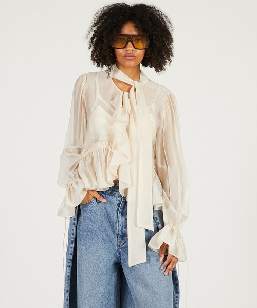 PRANK PROJECT（プランクプロジェクト）の「ラッフルボウタイブラウス / Ruffle Bow Tie Blouse（シャツ/ブラウス・レディース・ブラック/ホワイト・FREE）」の9枚目の写真