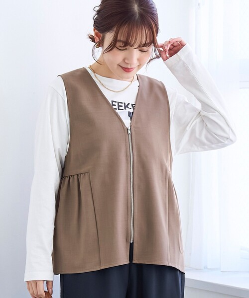 coen（コーエン）の「リネンライク ペプラムジップベスト（ベスト・レディース・ブラック/モカ・FREE）」の2枚目の写真