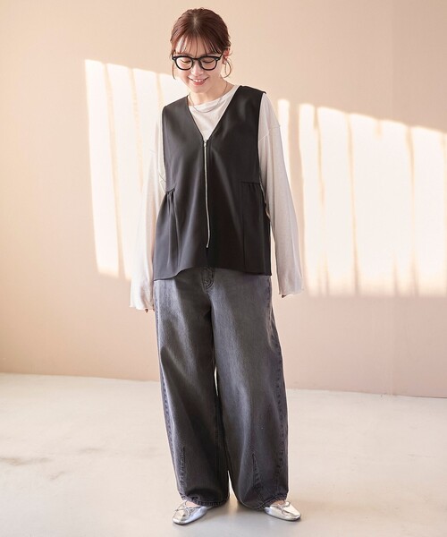 coen（コーエン）の「リネンライク ペプラムジップベスト（ベスト・レディース・ブラック/モカ・FREE）」の3枚目の写真