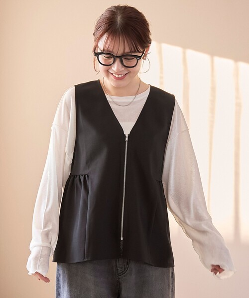 coen（コーエン）の「リネンライク ペプラムジップベスト（ベスト・レディース・ブラック/モカ・FREE）」の5枚目の写真