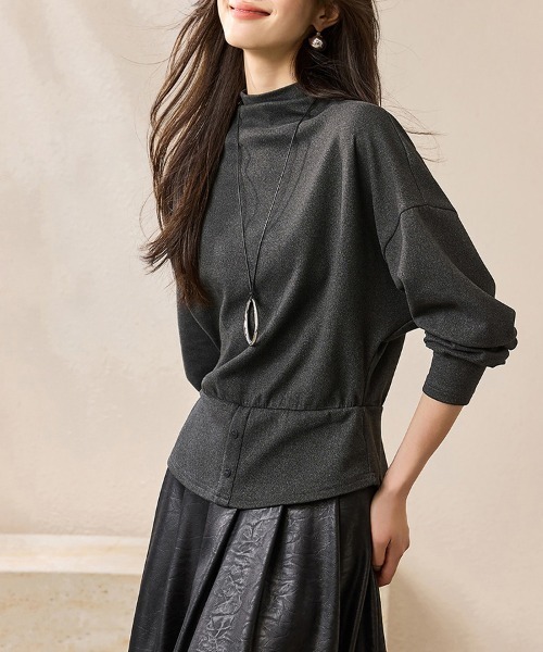 ONEP STAR（ワンピスター）の「ウエストボタンデザインハイネックトップス（Tシャツ/カットソー・レディース・ダークグレー/ダークブラウン・MEDIUM/X-LARGE/LARGE）」の7枚目の写真