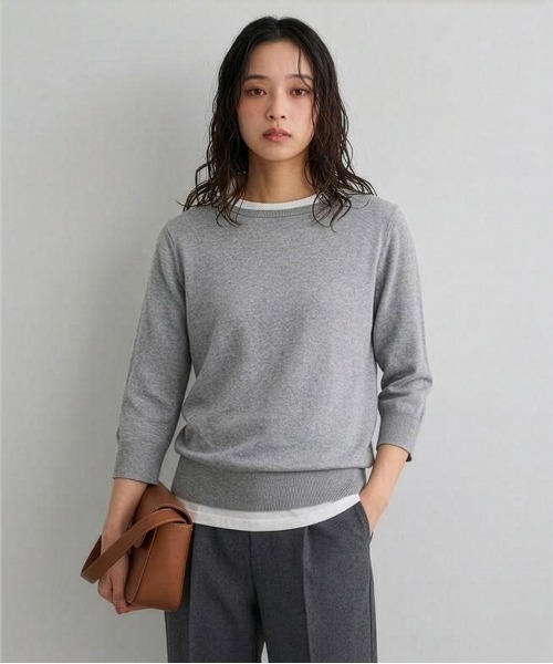 nissen（ニッセン）の「洗えるＵＶカット綿１００％ボートネック７分袖ニット＜大きいサイズ有＞（ニット/セーター・レディース・グレー/ライラック/ブラック/グレイッシュベージュ/グリーン/ブルー系その他・S/3L/LL/L/M）」の2枚目の写真