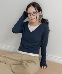 UNE MANSION | 【1枚でレイヤード風!】【UNE ORIGINAL】ラブリーバイカラーフラワーパターンVネックレイヤード長袖Tシャツカットソー(Tシャツ/カットソー)