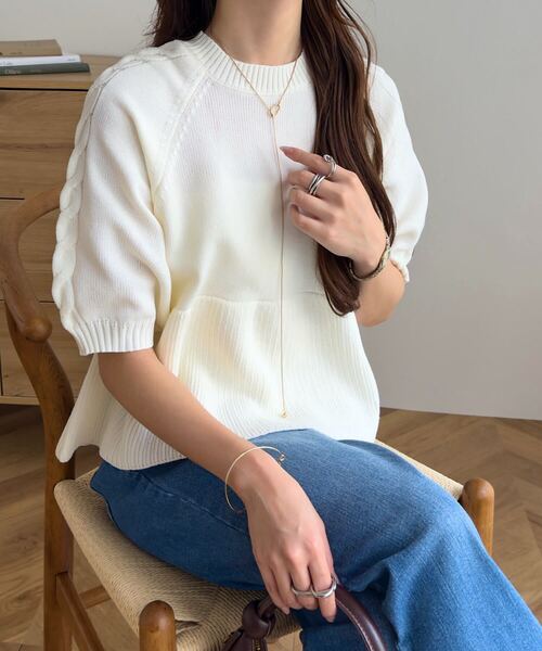 ケーブルスリーブペプラムニットトップス（ニット/セーター）｜KOBE