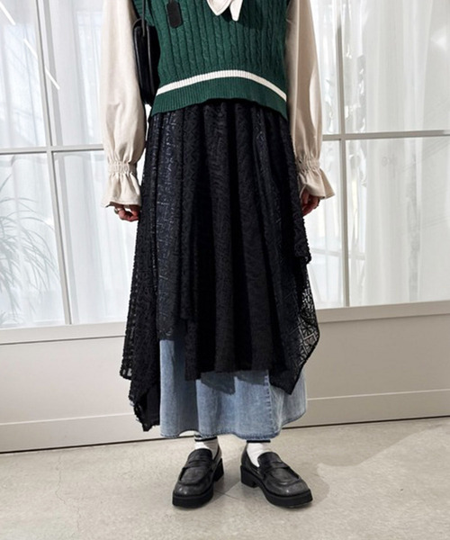 DOUBLE NAME（ダブルネーム）の「flowerレースランダムヘムスカート（スカート・レディース・ブラック/オフホワイト・FREE）」の14枚目の写真