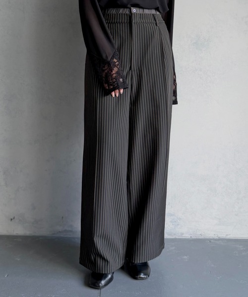 &g'aime（アンジェム）の「【&ｇ'aime 】ダブルウエストストライプパンツ　Double-Waist Stripe Pants（スラックス・レディース・チャコールグレー/グリーン/ブラック・FREE）」の2枚目の写真