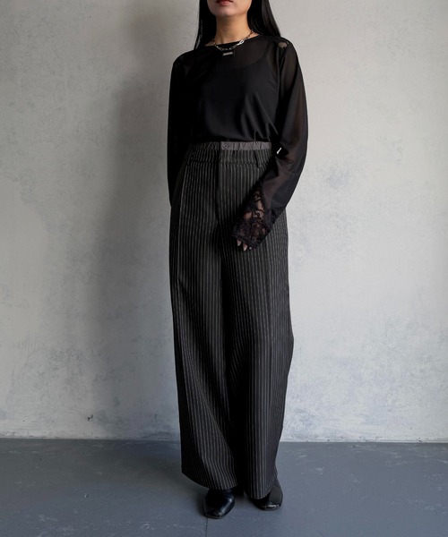 &g'aime（アンジェム）の「【&ｇ'aime 】ダブルウエストストライプパンツ　Double-Waist Stripe Pants（スラックス・レディース・チャコールグレー/グリーン/ブラック・FREE）」の4枚目の写真