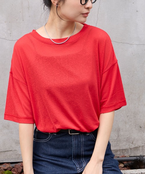 MONO-MART(モノマート)の「【クールスマートウォッシュ】フローティ シアー 半袖 Tシャツ (接触冷感・毛玉防止・イージーケア)(Tシャツ/カットソー・レディース・ブラウン/ライトブルー/ブラック/ネイビー/ミント/ベージュ/ライトイエロー/チャコールグレー/グレー/オフホワイト/キャメル/レッド/ピンク・FREE)」の13枚目の写真