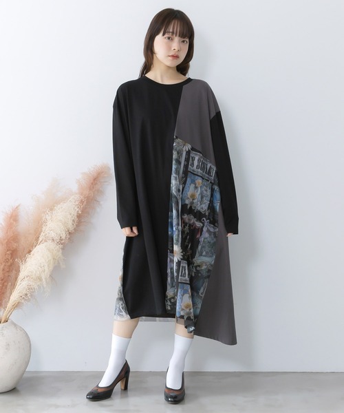 ScoLar（スカラー）の「561221：アンティークプリント柄切替ワンピース（ワンピース・レディース・ネイビー/オフホワイト/ブラック・M）」の2枚目の写真