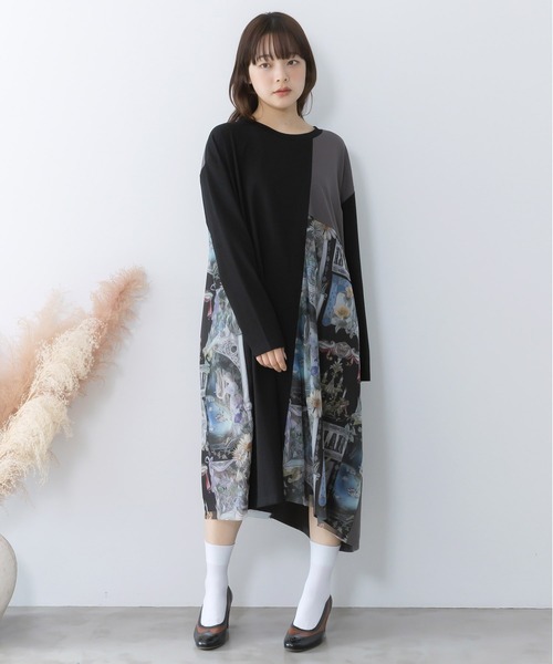 ScoLar（スカラー）の「561221：アンティークプリント柄切替ワンピース（ワンピース・レディース・ネイビー/オフホワイト/ブラック・M）」の5枚目の写真