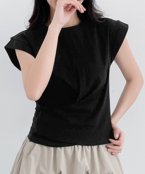LOWO（ロワ）の「カシュクールデザイン ウエストタック フレンチスリーブ カットソー 半袖（Tシャツ/カットソー・レディース・ブラック/ベージュ/ホワイト・FREE）」の9枚目の写真