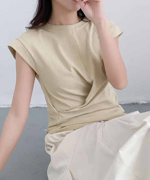 LOWO（ロワ）の「カシュクールデザイン ウエストタック フレンチスリーブ カットソー 半袖（Tシャツ/カットソー・レディース・ブラック/ベージュ/ホワイト・FREE）」の15枚目の写真