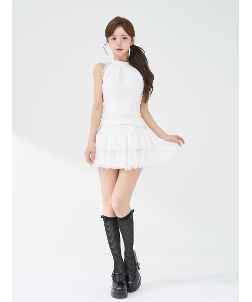 Darich(ダーリッチ)の「ボリュームフリルシフォンミニワンピース(ワンピース・レディース・ブラック/サックスブルー/ベージュ/ホワイト・FREE/FL)」の6枚目の写真