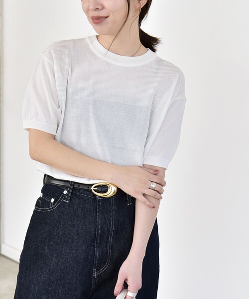 quaranciel（カランシエル）の「quaranciel:〈接触冷感/手洗い可能〉コンパクト シアー ニット TEE（ニット/セーター・レディース・オレンジ/ブラウン/ブラック/オフホワイト・ONE SIZE）」の2枚目の写真