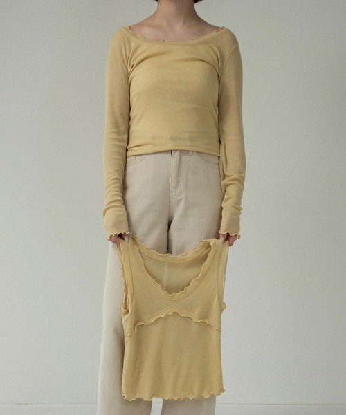 lawgy（ラウジー）の「scoop neck mellow trim long sleeve t / スクープネックメロウトリムロングスリーブt（Tシャツ/カットソー・レディース・チャコール/イエロー系/アイボリー・FREE）」の14枚目の写真