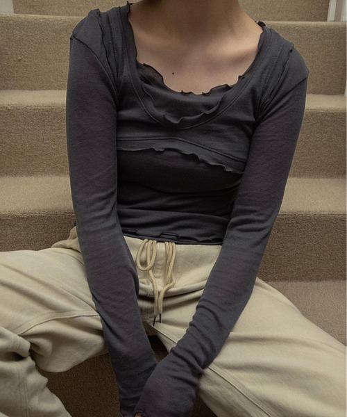 lawgy（ラウジー）の「scoop neck mellow trim long sleeve t / スクープネックメロウトリムロングスリーブt（Tシャツ/カットソー・レディース・チャコール/イエロー系/アイボリー・FREE）」の19枚目の写真