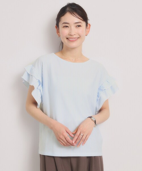ITS'DEMO（イッツデモ）の「カットサッカー袖フリルトップス（Tシャツ/カットソー・レディース・オレンジ系3/サックスブルー系2/ホワイト系5/ネイビー系2・00）」の3枚目の写真