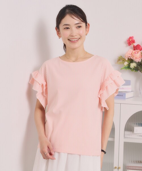 ITS'DEMO（イッツデモ）の「カットサッカー袖フリルトップス（Tシャツ/カットソー・レディース・オレンジ系3/サックスブルー系2/ホワイト系5/ネイビー系2・00）」の4枚目の写真